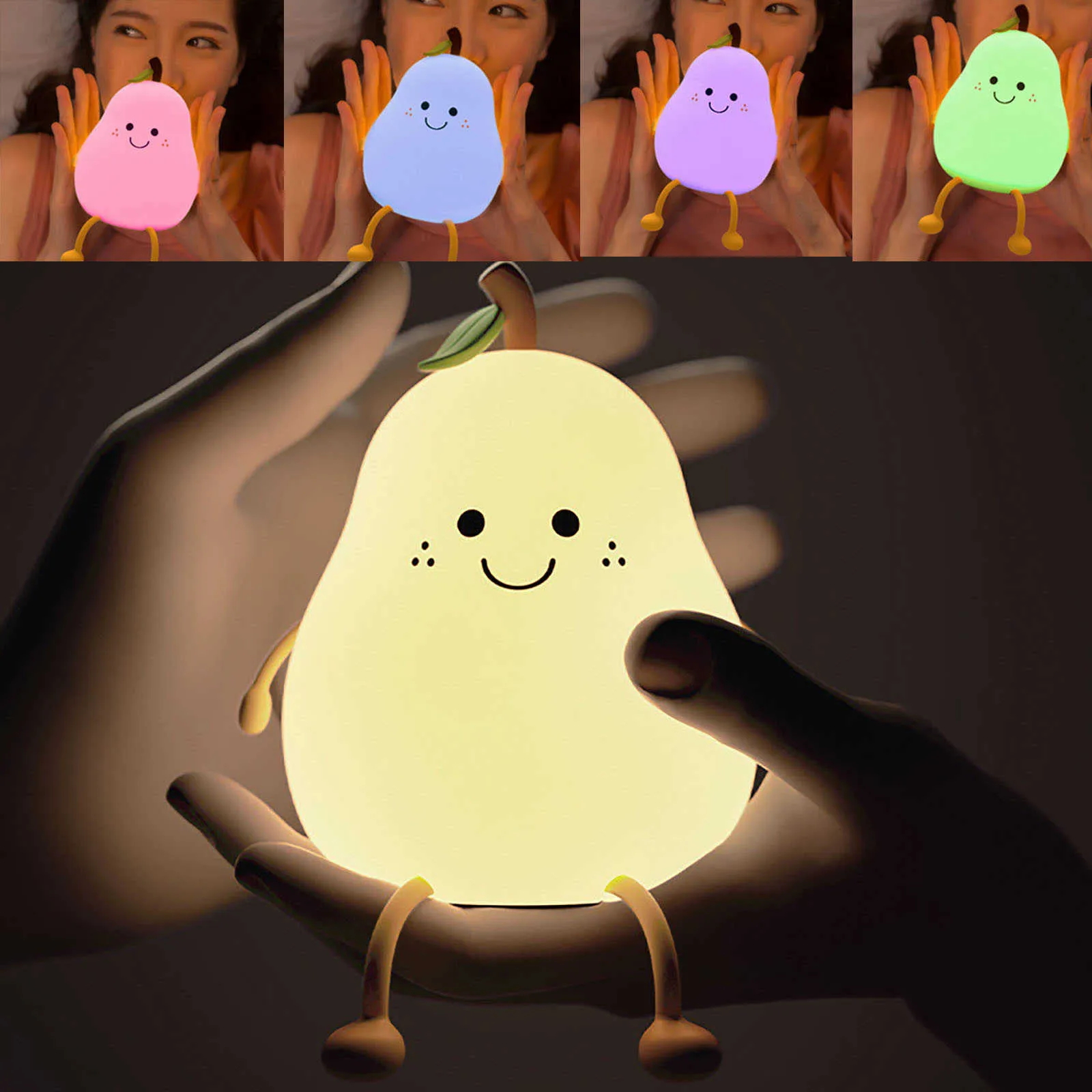 Nattlampor LED Pear Fruit Night Light USB Laddningsbara 7 färger Dimning Touch Silicone Table Lamp Cartoon Cute Bedroom Decor Bedside Lamp P230325