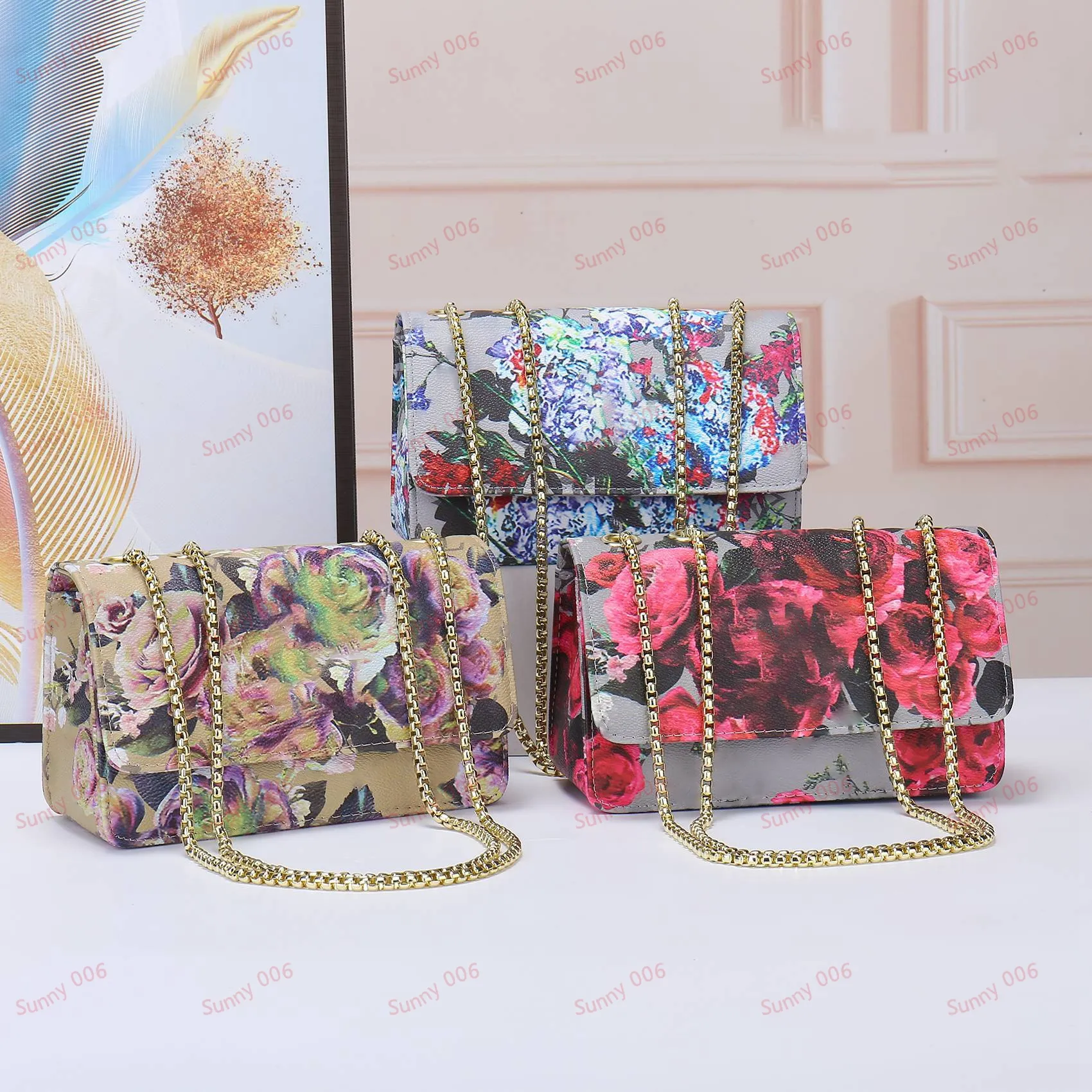 Damen-Umhängetasche mit doppelter Kette, luxuriöse Designer-Sonnenuntergang-Tasche, klassisch, neueste Farbe, Blumenmuster, Make-up-Taschen, Kulturbeutel