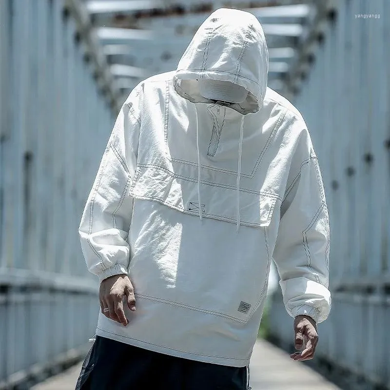 Men's Jackets Spring Hooded Pullover Jacket Men's Loose Street Trend Teachwear Casual White Line Zipper Coats Big Kangaroo Bag Workwear