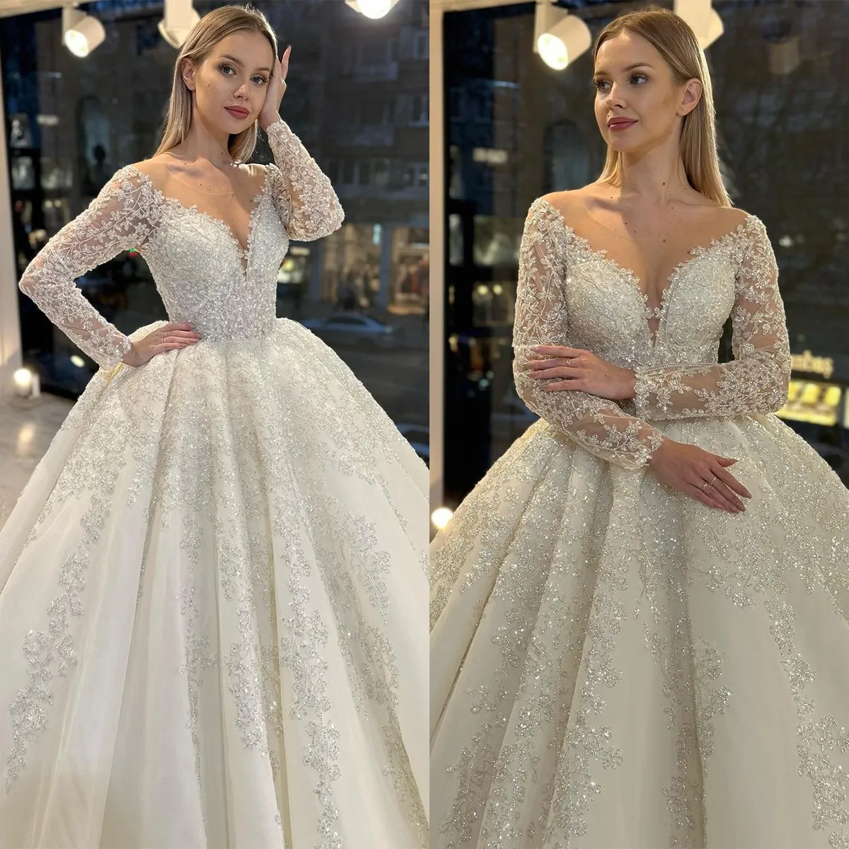 Long Ball Gown Lace-Up Sparkling V-Neck Wedding Dress with Sleeves