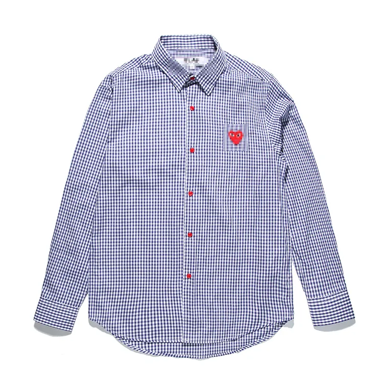 Designer Men's Casual Shirts Com des Garcons Play Cdg Man Red Heart Long Manche Gingham Plaid Mens Blue / White