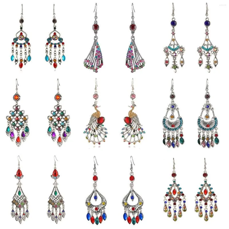 Dangle Earrings Colorful Rhinstone Bohemian Retro Long Water Drop Ethnic Women Personality Jhumka Jewelry Fashion Female Accessories