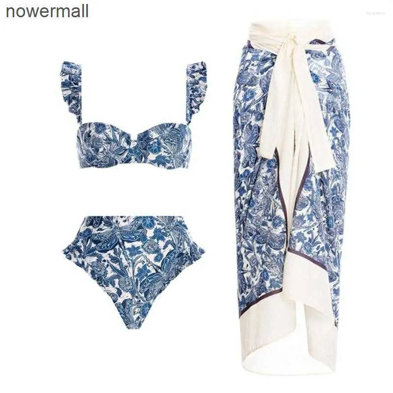 Costumi da bagno da donna Designer 2023 Donna Sexy Bikini con stampa in porcellana blu e bianca Gonna Cover Up Costume da bagno in pizzo Costumi da bagno Biquini