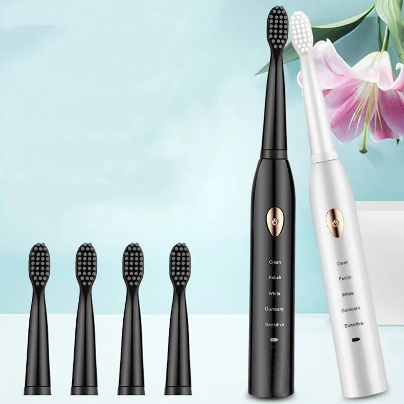 Ultrasonic Sonic Electric Toothbrush USB Rechargeable Tooth Brush Waterproof Tooth Cleaner 2 Minutes Timer Teeth Brush With 4Pcs Replacement Head DHL