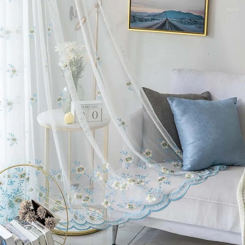 Kurtyna niebieska kwiecista haftowany na głos w sypialni koronkowy fala rustykalny kraj Delikatne netto tkaninowe okno wykuszowe TEDE JS185C