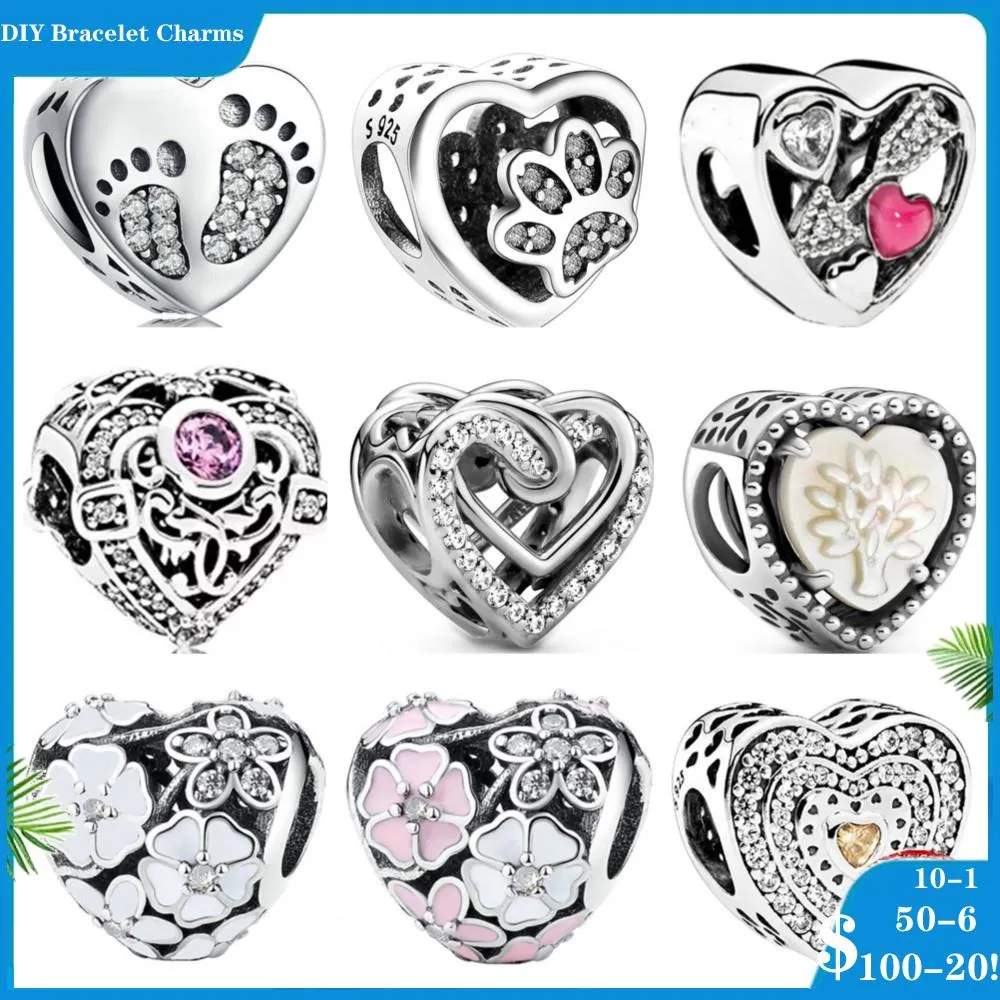 925 Siver Beads Charms för Pandora Charm -armband Designer för kvinnors hjärta Openwork Love Footprint Flower Tree
