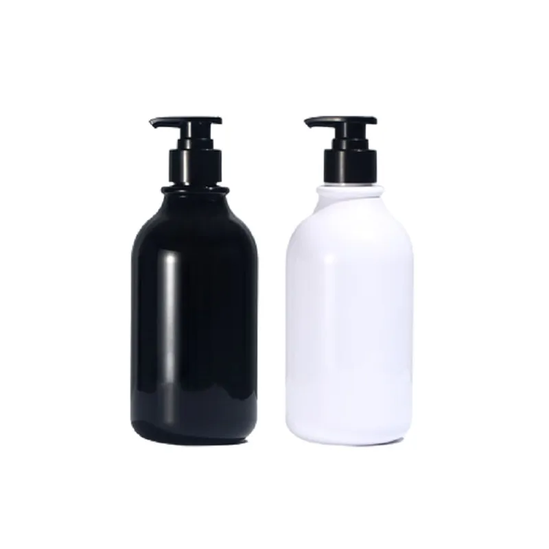 Emballage en plastique Bouteille brillante Pompe de presse de lotion noire Épaule ronde PET Quatre couleurs Bottes de gel douche Portable Conteneur d'emballage rechargeable cosmétique