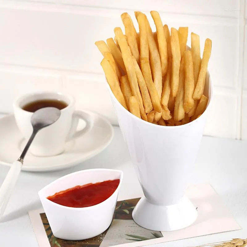 Borden twee cup-mond Fries Cup Saus Fry Dipping Serving 2 in 1 kegel dip plankhouder salade snackplaat