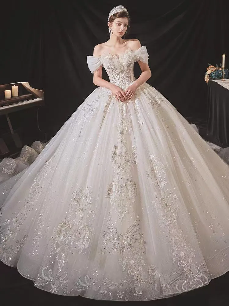 Princess Wedding Dress Off The Shoulder 3D Lace Appliques Boho Bride  Dresses Tulle Ball Gowns 2023