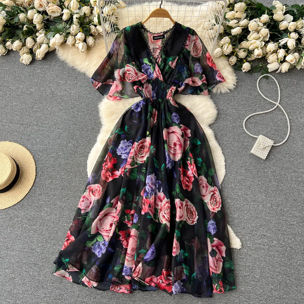 Summer V-Neck Printed Chiffon Dress Shows Thin Temperament Ruffled Short Sleeve Waisted First Love Fairy Dress