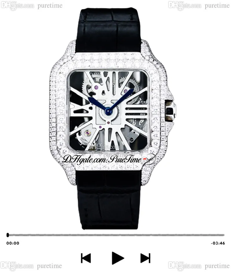 Tom Holland Dumont Swiss Ronda Montre à quartz pour homme Pavée de diamants WHSA0007 Boîtier en diamant entièrement glacé Squelette Cadran romain Cuir noir Super Edition Puretime C3