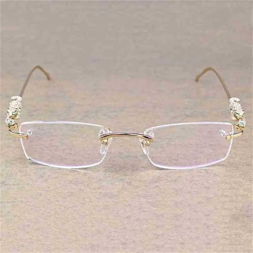 Men's Luxury Designer Women's Sunglasses Vintage Leopard Rimless Clear Stone Transparent Glasses Frame Eyewear Men Accessories Oculos Eyeglasses