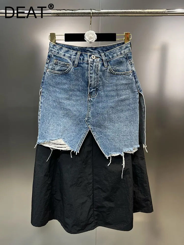 Saias Deat Chic Spit Patchwork Fake Fake Two Designer Salia Mulheres Burrs High Saias de Streetwear Saias de Jeans Salas Primavera 11xx1712 230325