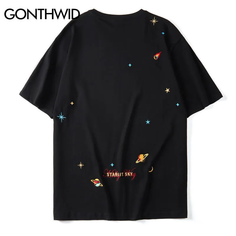 Men's T-Shirts GONTHWID Embroidery Planets Stars Tees Shirts Streetwear Harajuku Casual Short Sleeve Tshirts Mens Hip Hop Fashion Summer Tops 230325