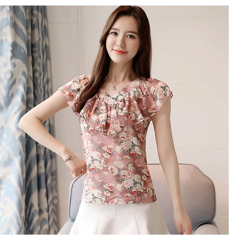 2018 Fashion Summer Blouses Women Shirts Plus Size Floral Tops Ladies Short Sleeve Chiffon Blusas Feminina Ruffled Blouse Mujer (10)