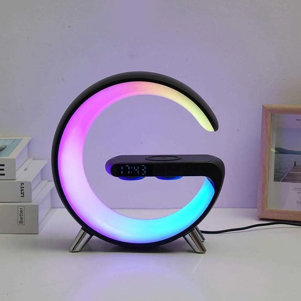 Night Lights Multi Function Alarm Clock Night Light 15W Wireless Charger LED Atmosphere Light Speaker Desk Lamp Audio With APP Control P230325