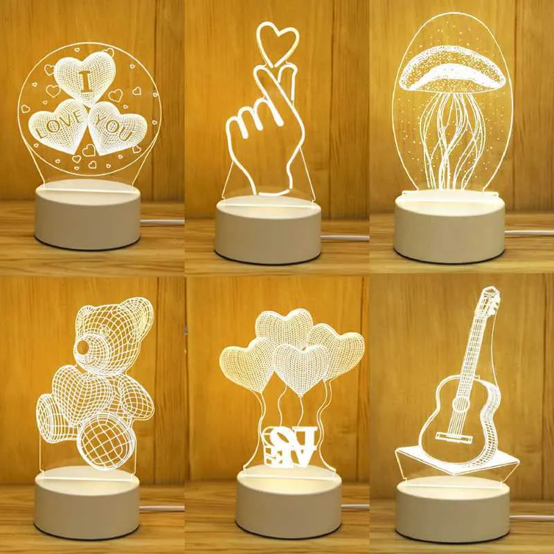 Nocne światła Romantyczna miłość 3D Acryl LED lampa LED do domu Dziecięce Lampa stołowa Lampa stołowa Dekorowanie przyjęcia Walentynki Lampa nocna P230325