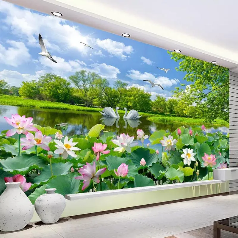 Tapety niestandardowe dowolne rozmiar 3d po tapeta ścienna romantyczne łabędź jezioro Lotus Pond krajobraz duży dekoracja salonu mural