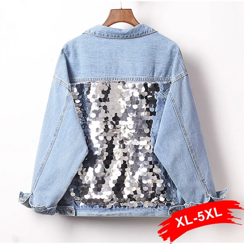 Manteaux d'extérieur pour femmes grande taille Harajuku dos paillettes vestes en jean courtes 3Xl 4Xl femmes bleu clair manches trois quarts Bomber vestes maman Jean 230325