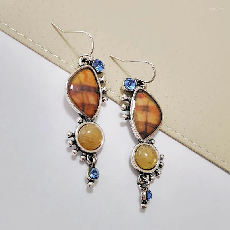 Dangle Earrings Bohemia Vintage Natural Tiger Stone Metal Drop For Women Blue Crystal Statement Earring Fashion India Jewelry