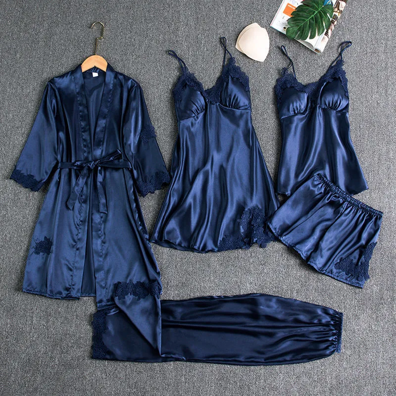 Kvinnors sömnkläder sömnkläder kvinnliga 5st pajamas set satin pyjamamas spetslocksläckverk brud bröllop nattkläder rayon hem slitage nattlig mantel 230325