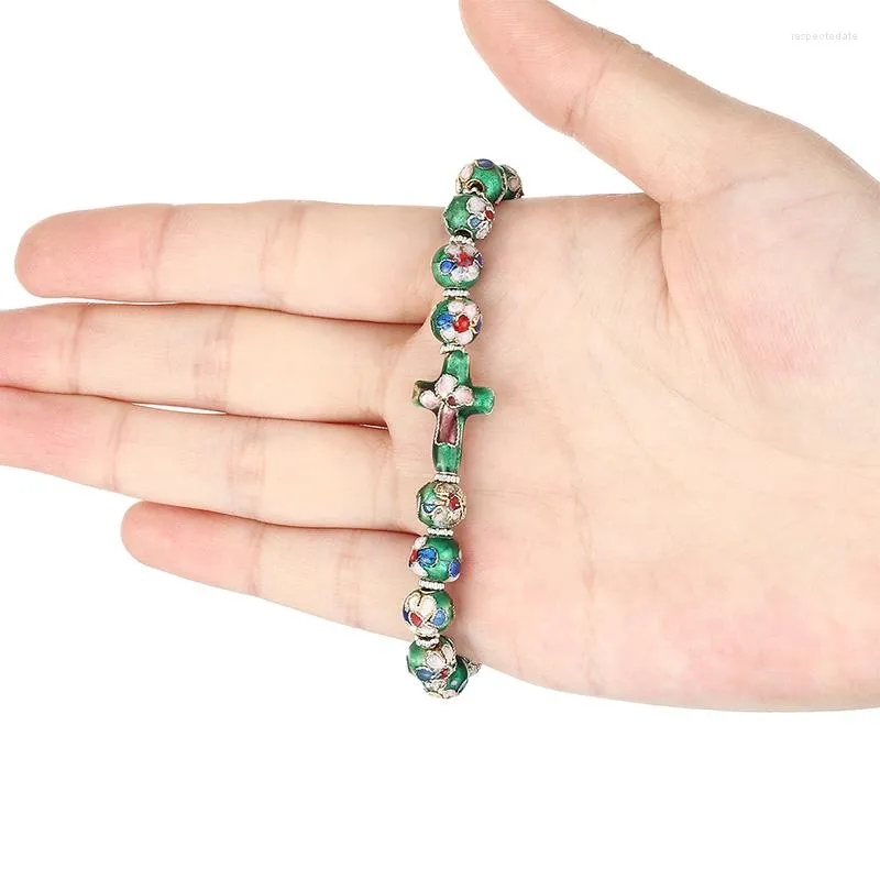 가닥 Cloisonne Ball Cross Rosary Beads Bracelet Elastic Chain Spacers 종교 가톨릭 유태인 축복 보석