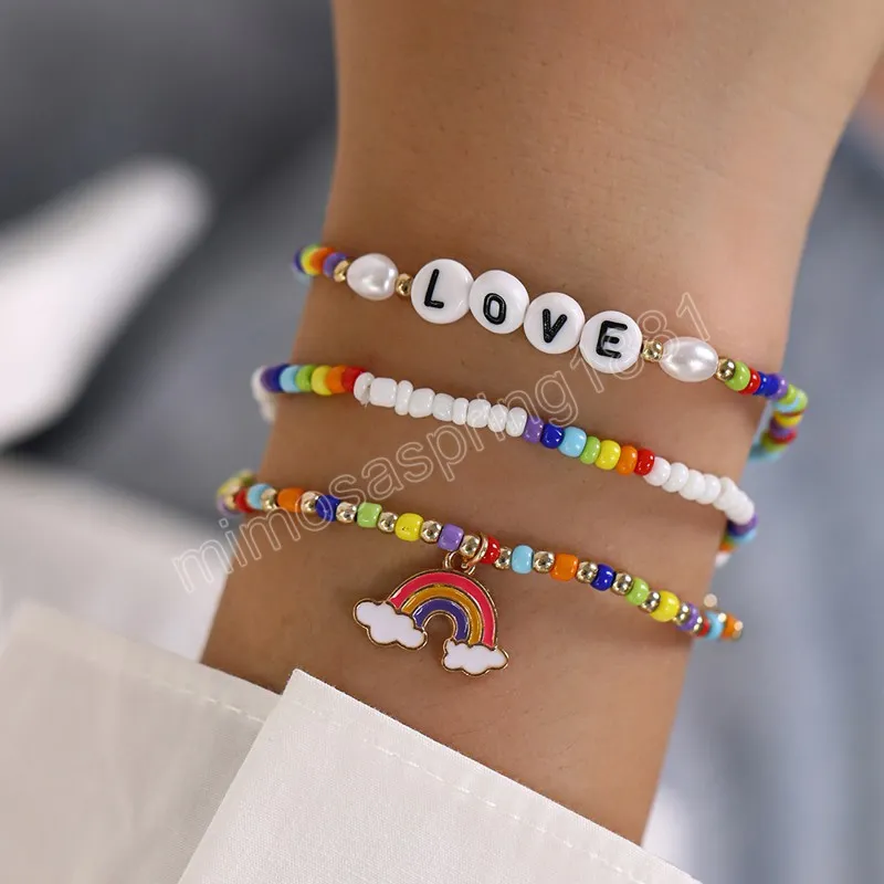 Bohemia regenboog bedelarmband ingesteld voor vrouwen kleur rijst kralen ketting liefde brief bangle meisjes boho sieraden cadeau