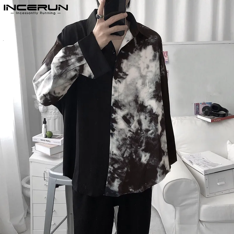 Men's Casual Shirts Men Casual Shirt Spring Print Patchwork Lapel Long Sleeve Streetwear Tops Korean Loose Fashion Shirts Camisas 5XL INCERUN 230325