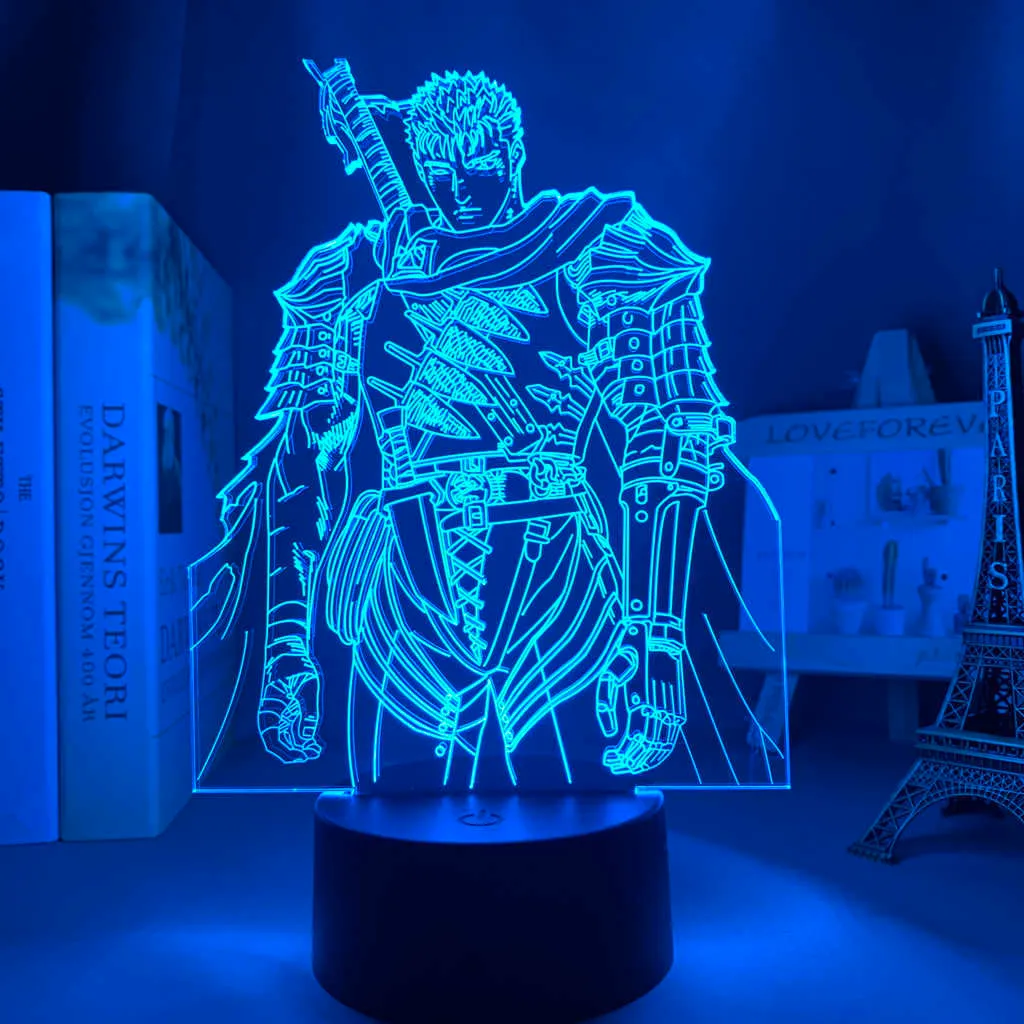 Nachtlichter Anime Led Licht Berserker Guts Figur für Schlafzimmer Dekoratives Nachtlicht Geburtstagsgeschenk Kinderzimmer 3D Tischlampe Manga Berserker P230325