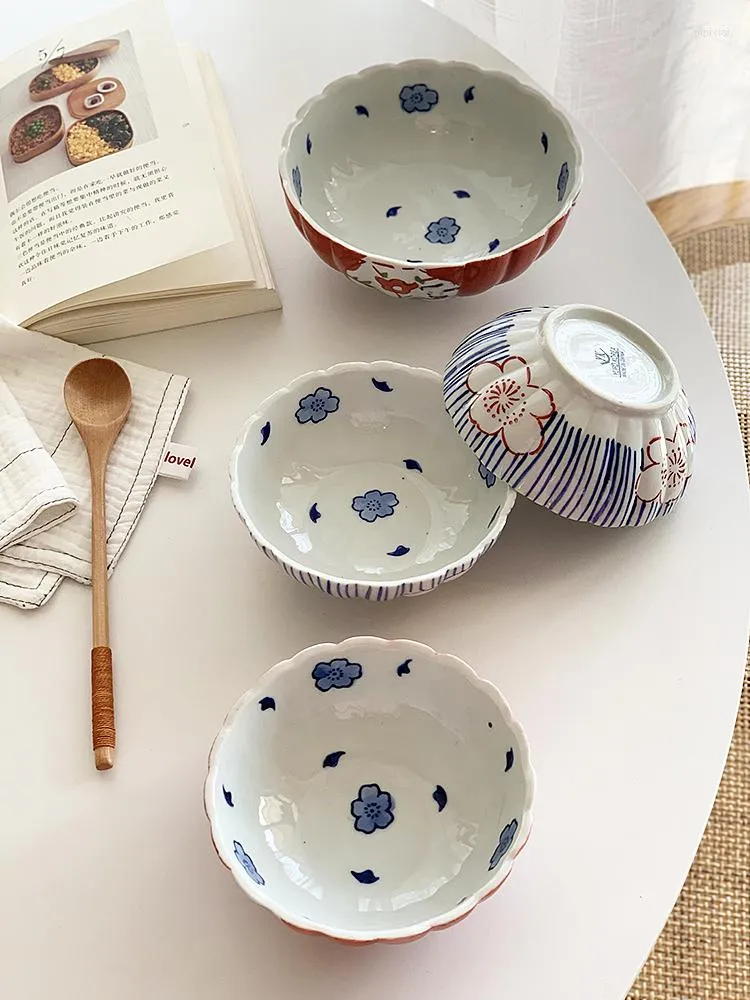 Cuencos Vintage pintados a mano, cuencos de cerámica de Color bajo vidriado, plato poco profundo, vajilla japonesa, suministros de cocina creativos con flores
