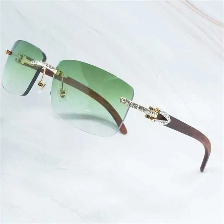 Luxury Designer Fashion Sunglasses 20% Off Wooden Men Rhinestone Rimless Square Color Craved Wood Glasses Diamond Shades Iced Out Decoration EyewearKajia