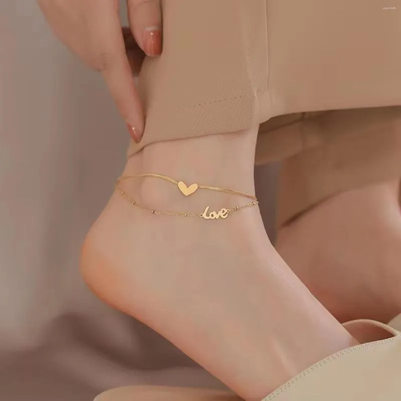 Tornozeleiras doces multicamadas aço inoxidável Cadeia de lanchonete de cor de ouro "amor" a pé para mulheres jóias de pulseiras de tornozelo de perna