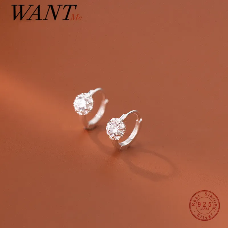 Stud WANTME 925 Sterling Silver Minimalism Luxury Shiny Crystal Zircon Ear Buckle Earrings for Women Charm Body Piercing Hoop Jewelry 230325