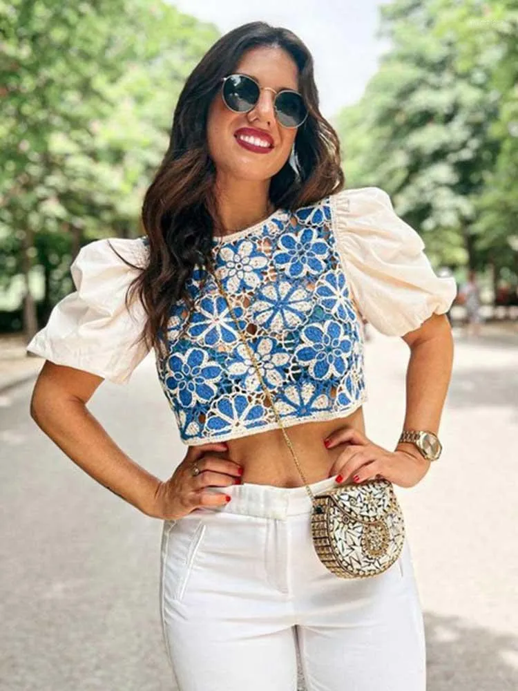 Blouses pour femmes Boho inspiré CROCHET POPELINE TOP manches bouffantes Chic Blouse femmes bleu tricoté été haut 2023