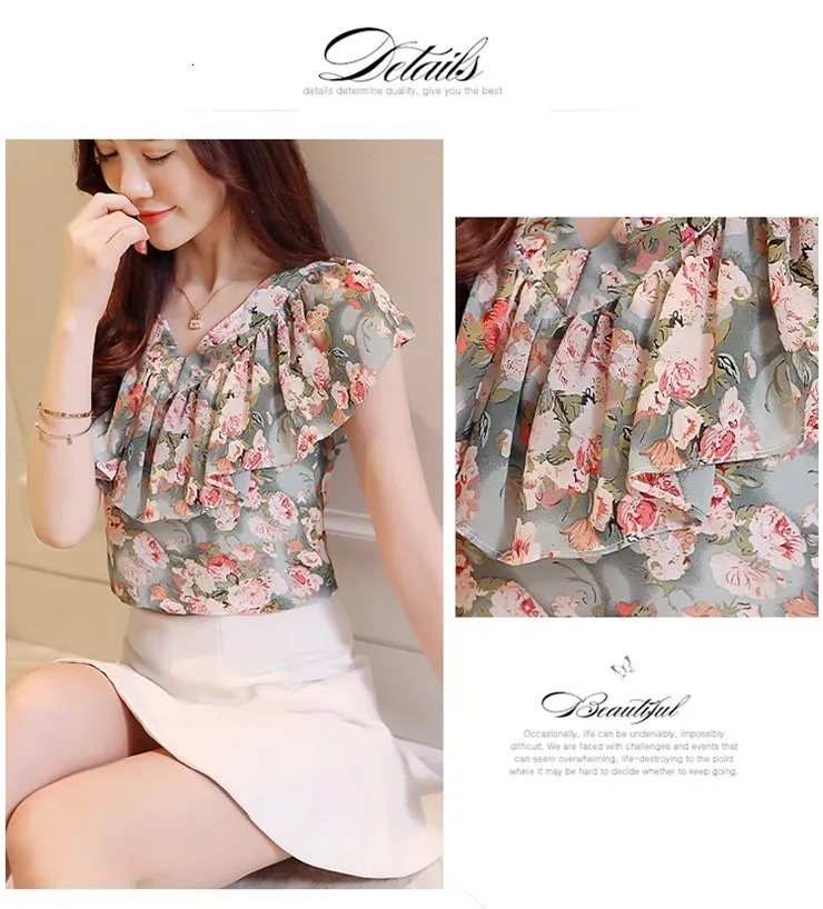 2018 Fashion Summer Blouses Women Shirts Plus Size Floral Tops Ladies Short Sleeve Chiffon Blusas Feminina Ruffled Blouse Mujer (4)