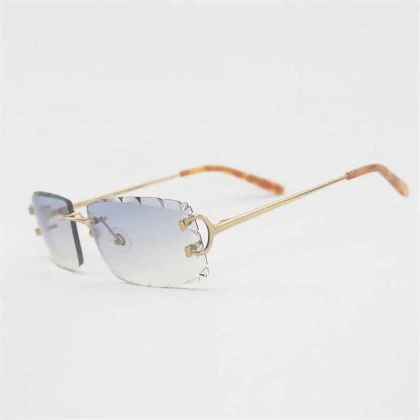 Lunettes de soleil d'extérieur pour hommes à la mode Vintage sans monture fil hommes lunettes femmes pour l'été coupe de diamant lunettes claires cadre en métal Oculos Gafas avec étui