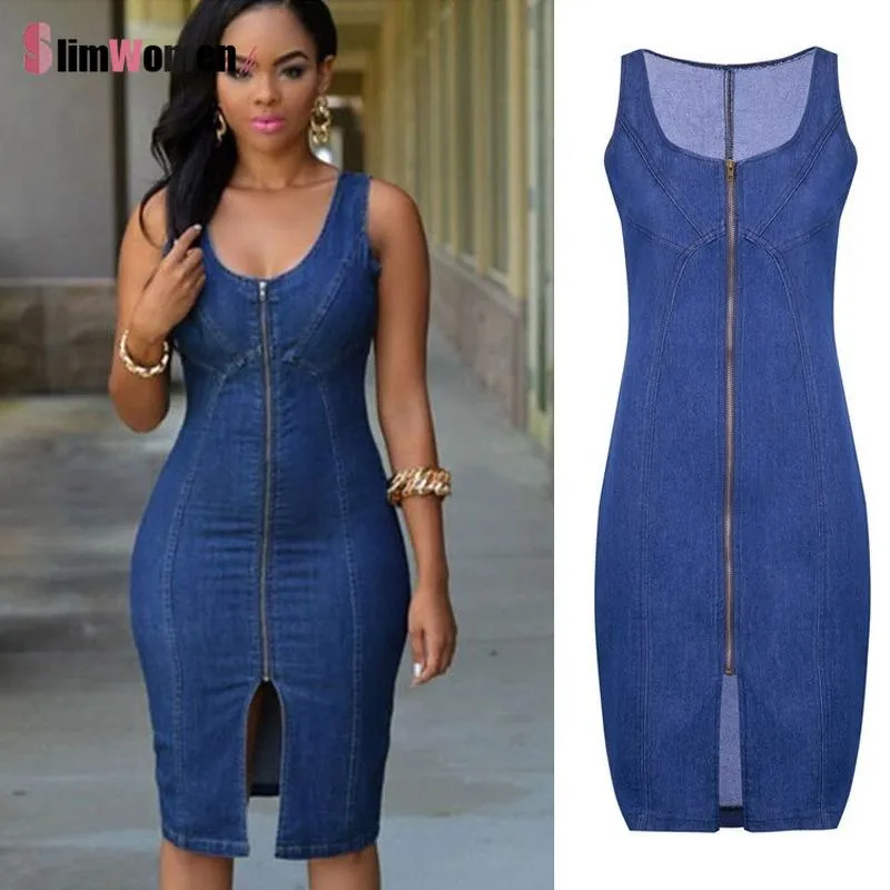 Casual Dresses Denim Dress Vestido Midi Summer Outfits Women Sundress Sleeveless Office Lady Bodycon Robe Femme Plus Size Ladies