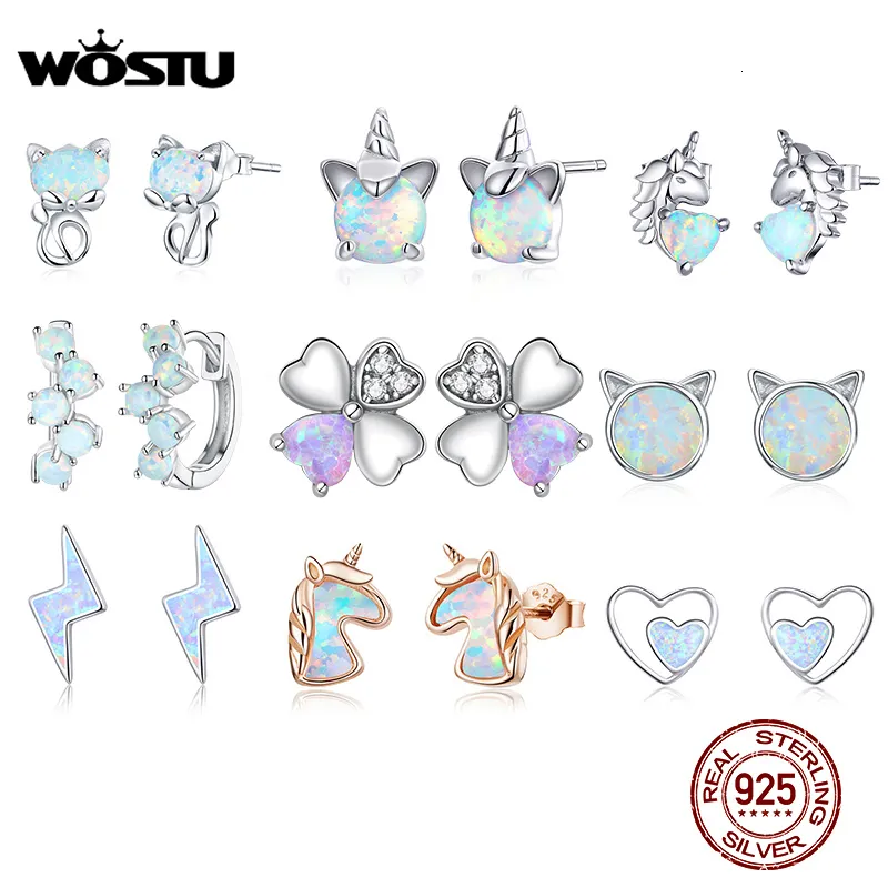 Stud WOSTU Orecchini in argento sterling 925 con opale Gatto Unicorno Cuore blu per le donne Gioielli originali 925 230325