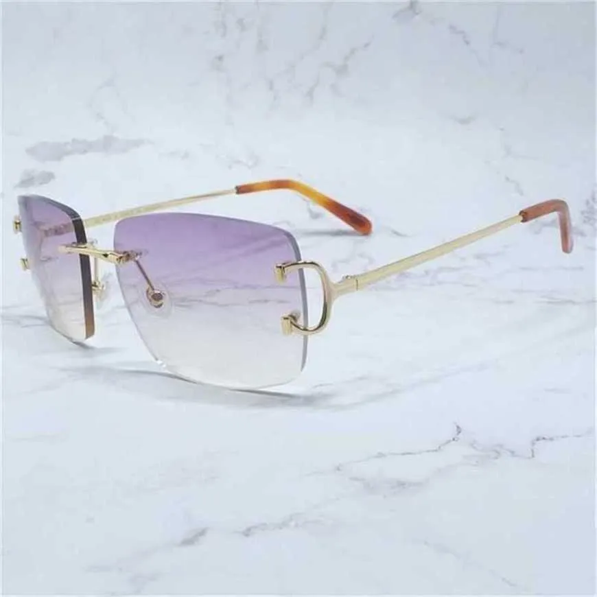 Designer de luxe lunettes de soleil de haute qualité 20% de réduction Big Square Men Rimless Purple Vintage Driving Shades Eyewear Carters Metal