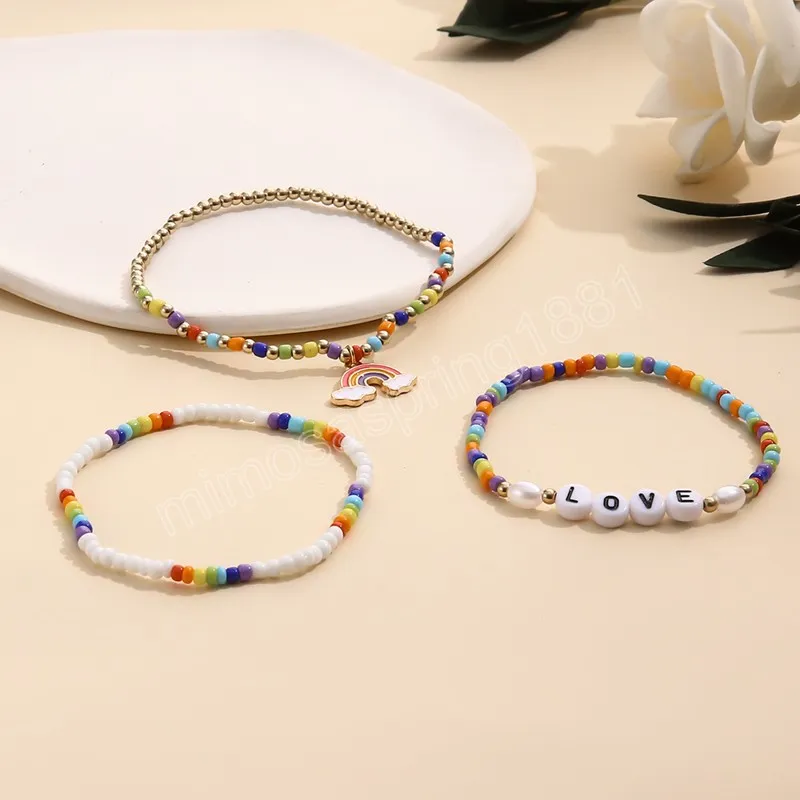 Bohemia regenboog bedelarmband ingesteld voor vrouwen kleur rijst kralen ketting liefde brief bangle meisjes boho sieraden cadeau