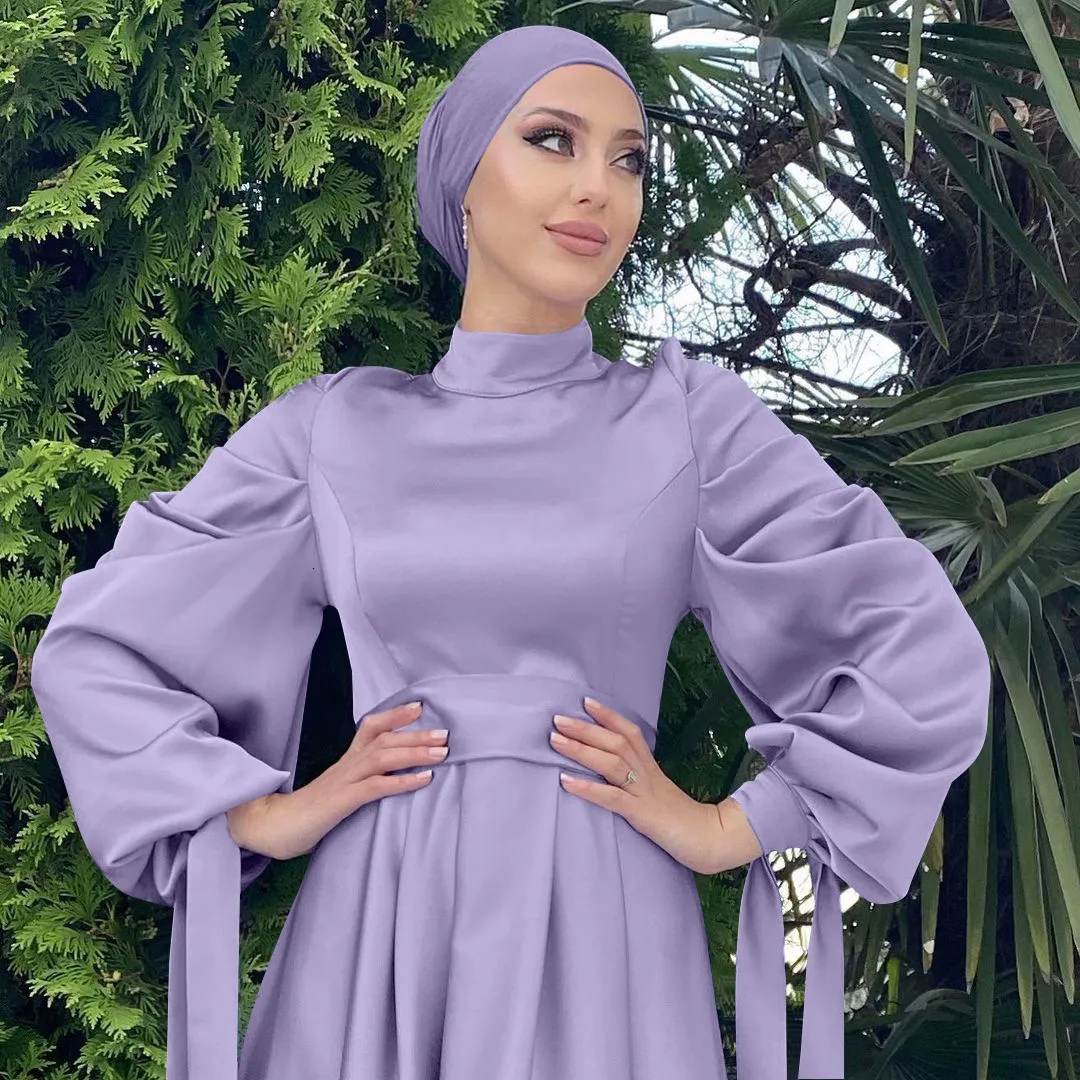 Muslim Fashion Womens Satin Abaya Dress With Balloon Sleeves And Ribbon Arabic Pleated Hijab For Eid Mubarak And Turkish Occasions 230325 From Ruiqi03 33.24 DHgate.Com