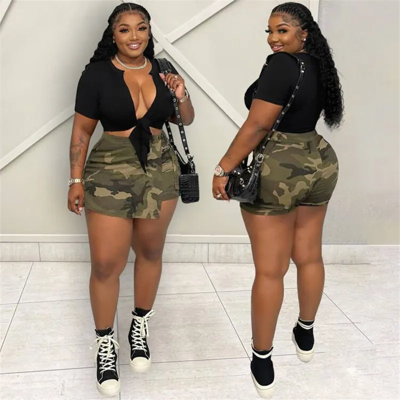 Women's Shorts S3XL Camo Irregular Shorts Skirts Women Summer Straps Zipper Back Straight Skirt Pants All Matching Culottes 230325