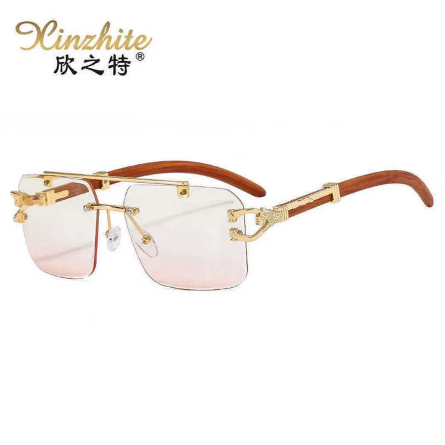 Designer Men's and Women's Beach Couple Sunglasses 20% Off personalized wood grain leg leopard decorative glasses ocean film fashion frameless cutting edge