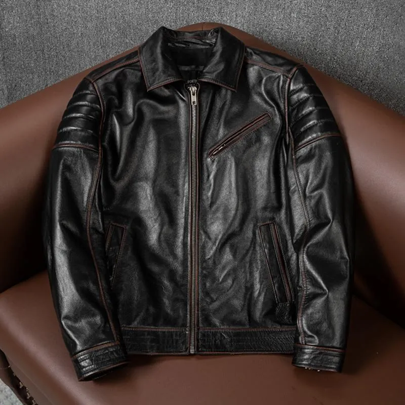 Erkekler Deri Sahte .2023 Marka Origin Orijinal Ceket.rider Vintage Siyah Kaliteli İnek Kılıfı Ceket.