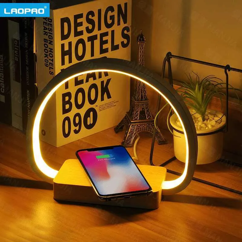 Nattljus Laopao Bedside Lamp 10W Wireless Charger LED-bordslampa med beröringskontroll Nattljus i ögonen för barn vuxna som läser ljus P230325