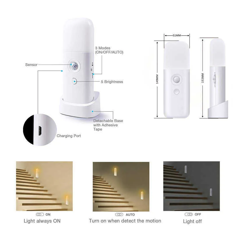 Luz Nocturna Con Sensor De Movimiento LED De 1 Pieza, Luz LED Regulable  Recargable Por USB, Funciona Con Batería Recargable De 2000 MAh, Luz  Nocturna