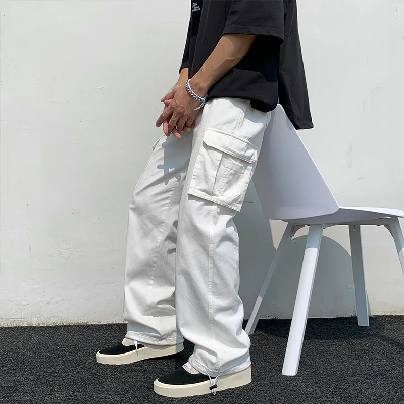 Мужские брюки черная белая повседневная мода с прямой широкой ногой мужская уличная одежда хип -хоп карманные грузы мужские брюки 230325