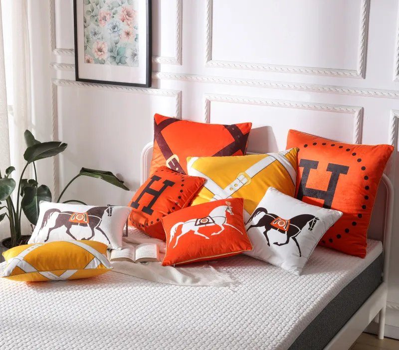 Luxury Orange Series Cushion Covers Horses Flowers Print Pillow Case Cover for Home Chair Sofa Decoration Square Pillowcases 2023