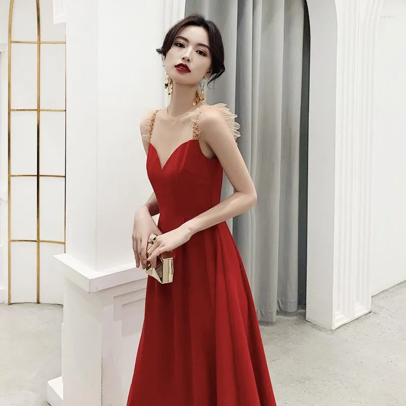 Ethnische Kleidung Vintage Rote Braut Hochzeit Qipao Langes enges elegantes Kleid Spaghettiträger Abschlussball Party Cheongsam Abito Da Sera