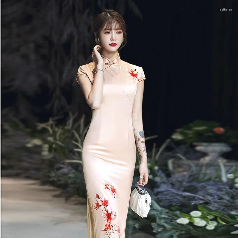 Vêtements ethniques femmes formelle rose soirée Dreses Style chinois été Simple élégant Cheongsam mince Sexy haute fente longue soie Qipao